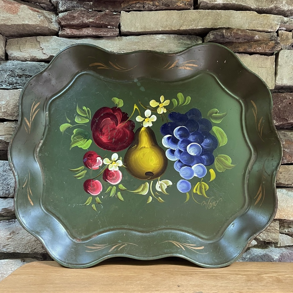 VTG Tole Hand-painted Tray Fruit Nashco Signed Van Grapes Pear Cottage 60s Green